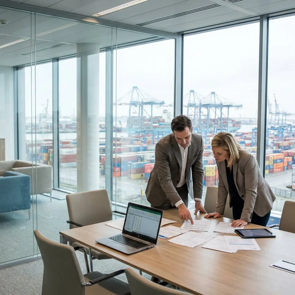 Two professionals leaning over a conference table reviewing documents beside a laptop with a spreadsheet, with a container port and cranes visible through the windows.